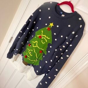 Divided XL Christmas Tree Sweater with bells and poms blue